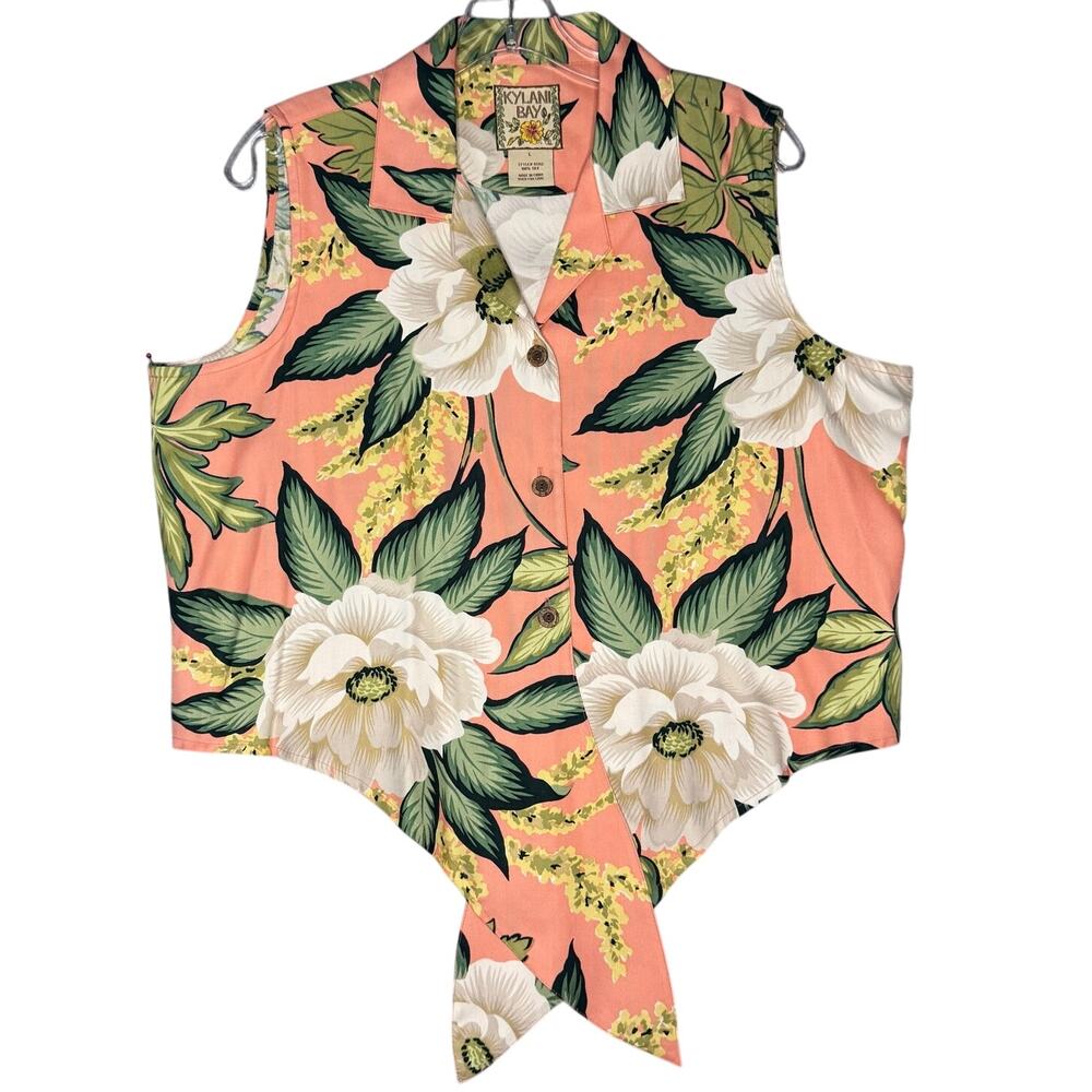 Kylani Bay 100% Silk Sleeveless Tie-Front Hawaii Shirt Women L Coral Green White